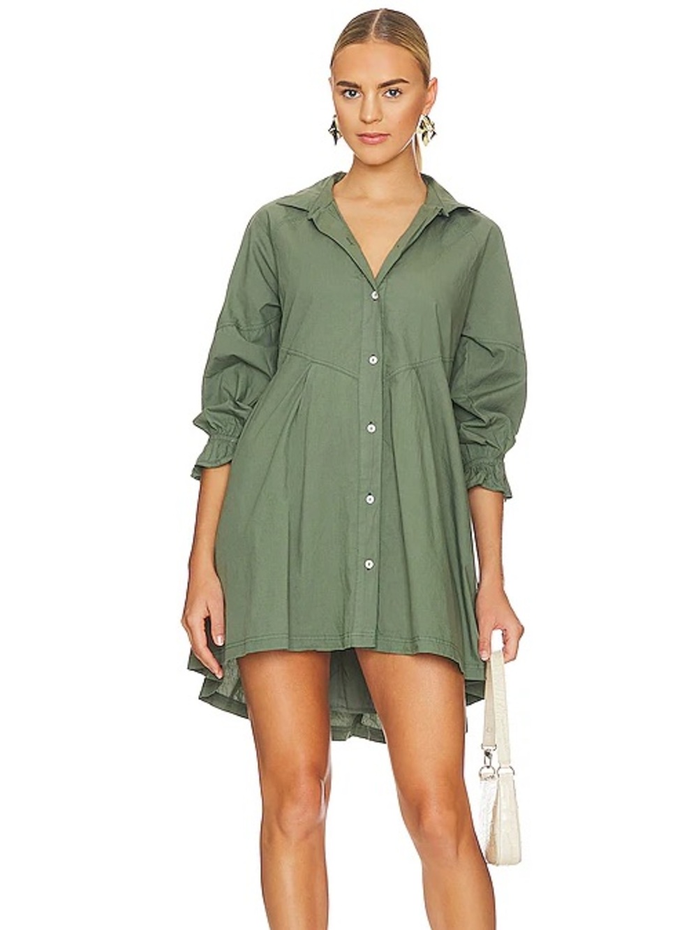 Free People Hannah Poplin Dress Large Army Green Tunic Shirt Dress Mini Buttons